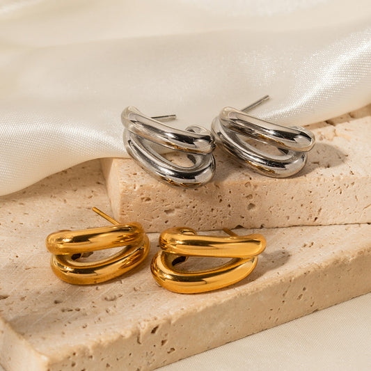18k Gold Light Luxury Personalized Double Geometric Line Hollow C Shape Earrings